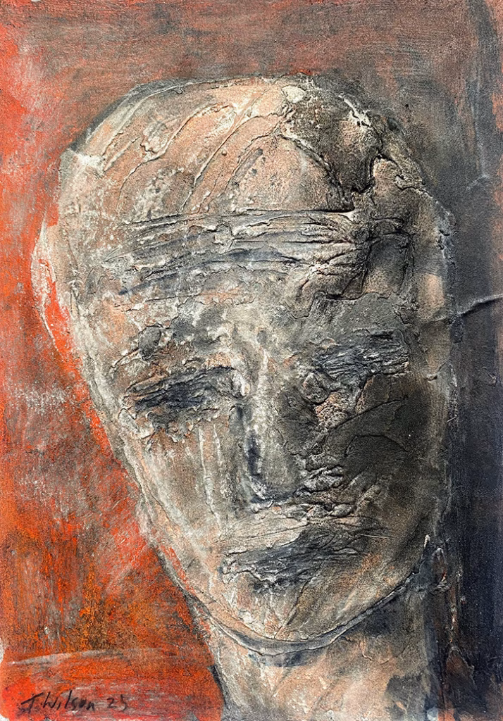 Rugged mixed media drawing of a head