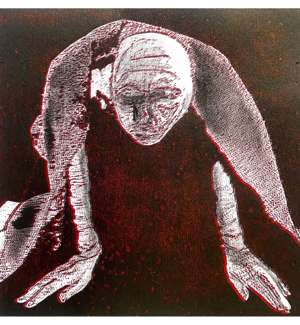 A woman crawls along the ground. She is bald, skeletal and covered in a removal blanket. Printed and tinted/shaded in black and red.