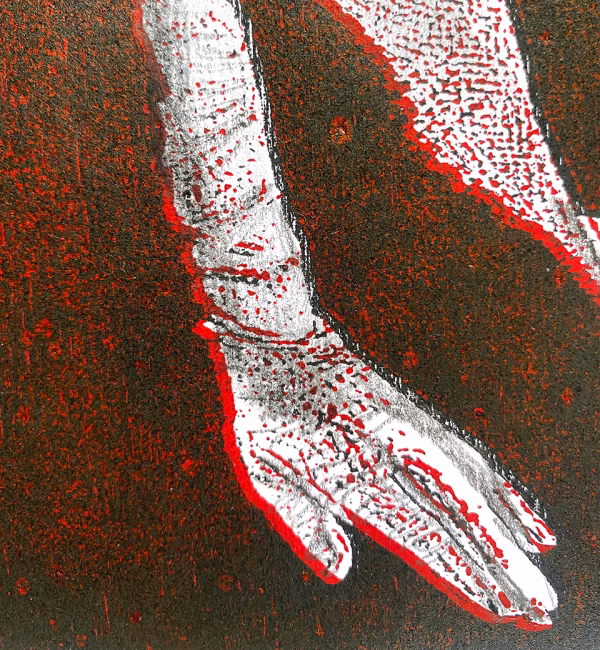 Detail: A woman crawls along the ground. She is bald, skeletal and covered in a removal blanket. Printed and tinted/shaded in black and red.