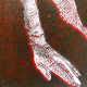 Detail: A woman crawls along the ground. She is bald, skeletal and covered in a removal blanket. Printed and tinted/shaded in black and red.