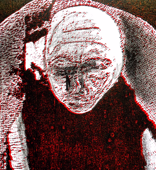 Detail: A woman crawls along the ground. She is bald, skeletal and covered in a removal blanket. Printed and tinted/shaded in black and red.