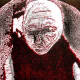 Detail: A woman crawls along the ground. She is bald, skeletal and covered in a removal blanket. Printed and tinted/shaded in black and red.