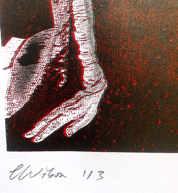 Detail: A woman crawls along the ground. She is bald, skeletal and covered in a removal blanket. Printed and tinted/shaded in black and red.