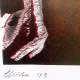 Detail: A woman crawls along the ground. She is bald, skeletal and covered in a removal blanket. Printed and tinted/shaded in black and red.