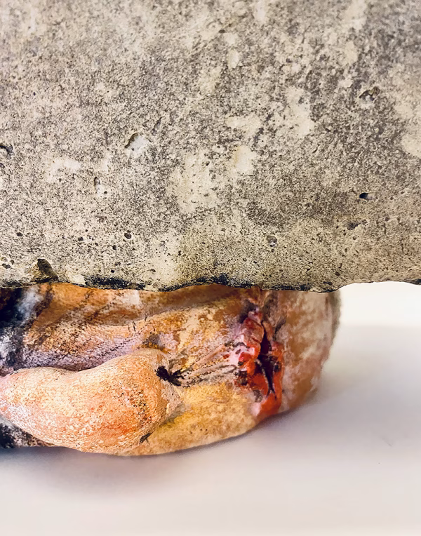 Soft sculpture head crushed by a brick