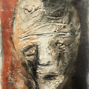 Rough drawing of a bald head in red, black and yellowish tones.