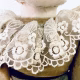 A doll wearing a sage green velvet and cream cotton dress. Close-up on lace collar.