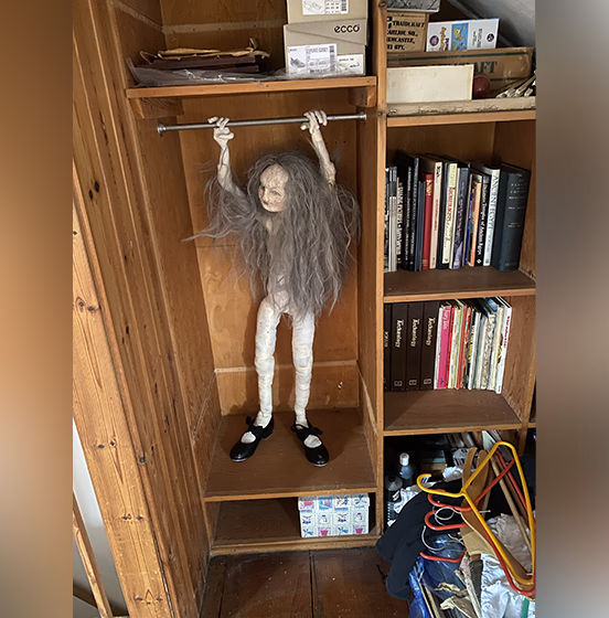 Human figure with long grey hair in a shelving unit