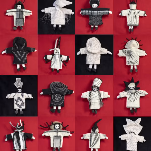 A montage of 16 handsize dolls