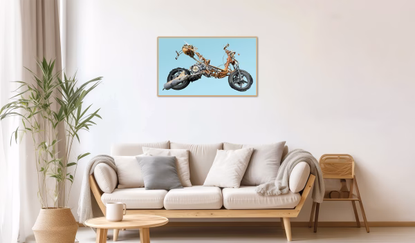 Machina Incensa II Photograph of a torched scooter in a frame in room interior
