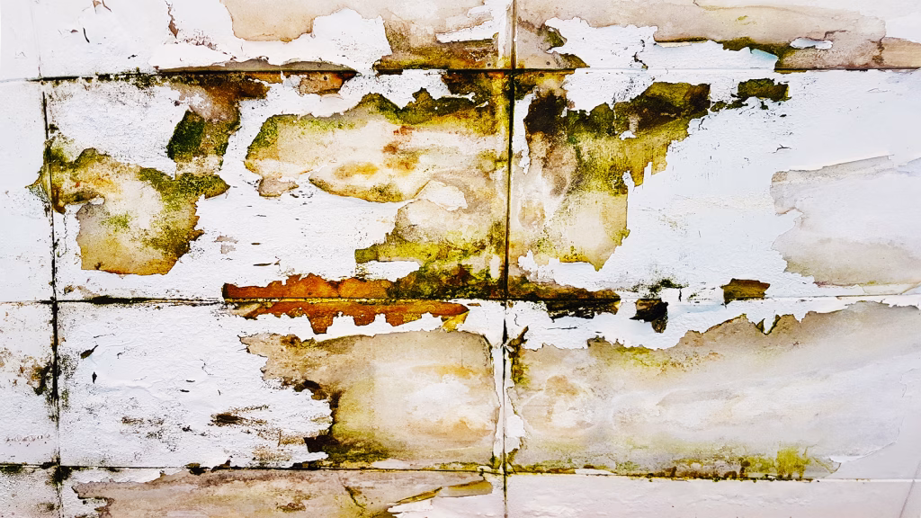 Water, moisture, damp seeped through ceiling tiles from above to create something like a painting
